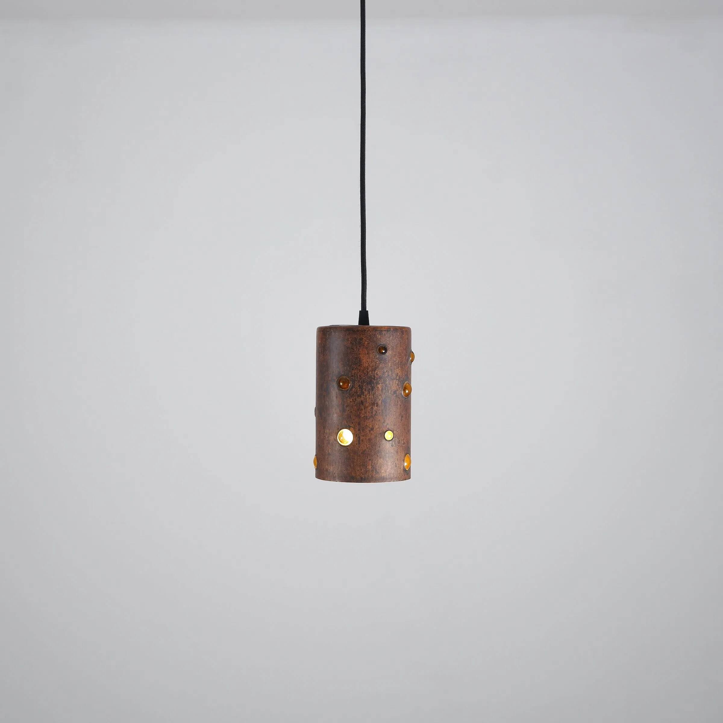 Cylindrical brutalist hanging lamp in copper / glass by Peill & Putzler