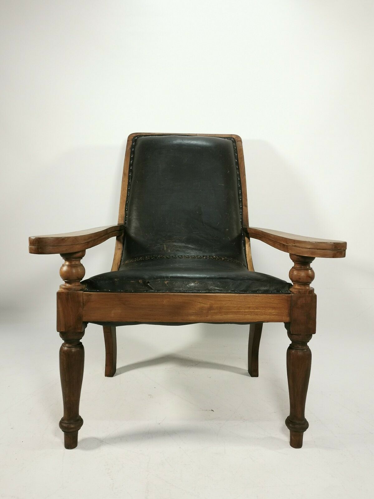 Antique 19th Century Restored British Colonial Plantation Chair Leather Seat