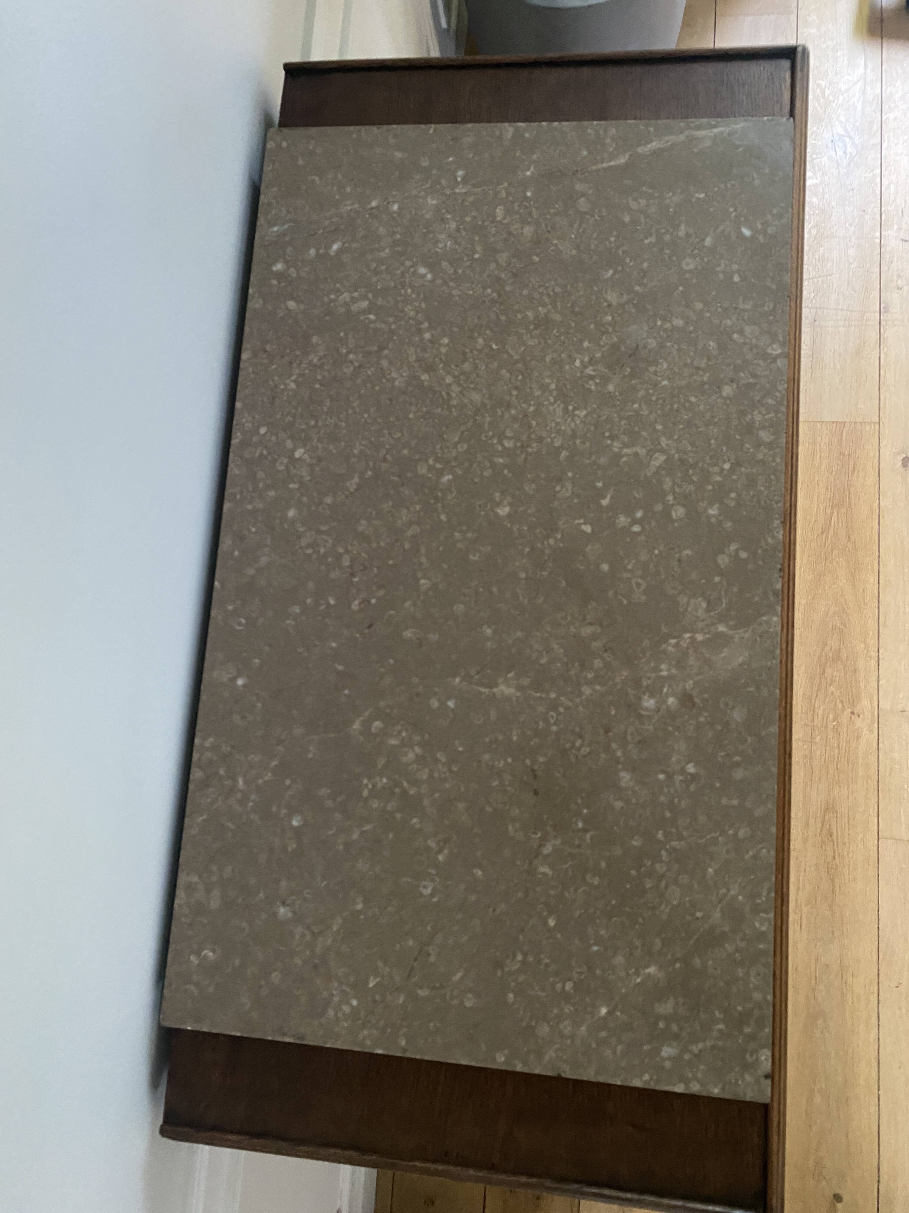 Vintage wooden chest of drawers with three drawers and brown marble top