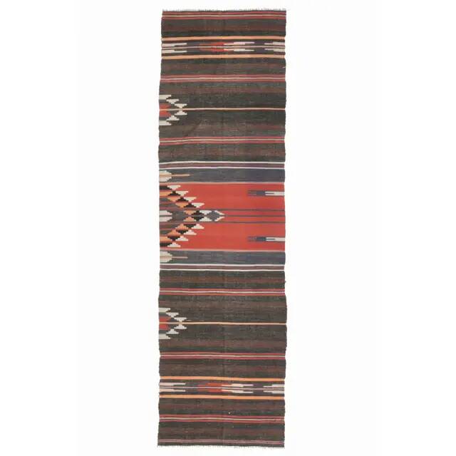 Tapis de couloir vintage turc Oushak fait main en laine et coton marron