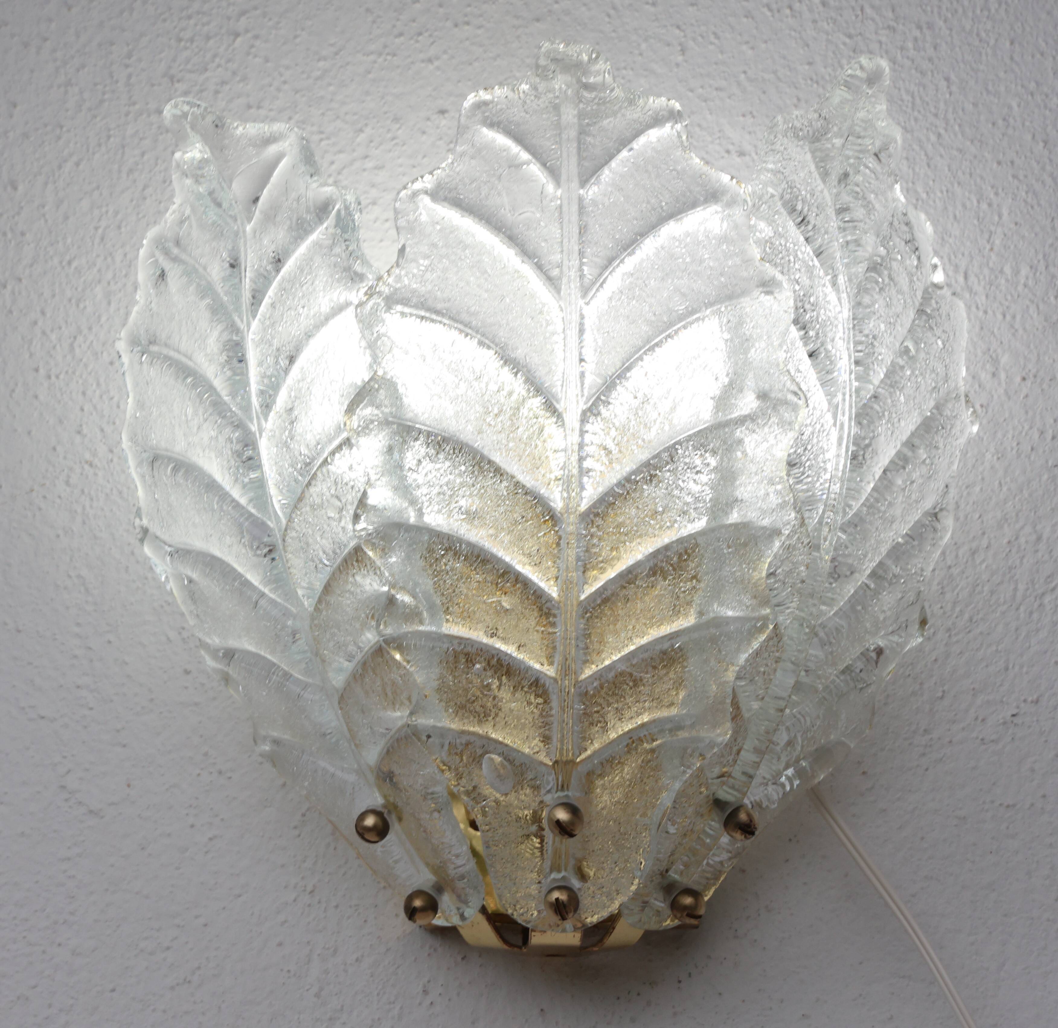 Set of 2 Taormina, Elegant Murano Wall Light Transparent Leaves, 1970