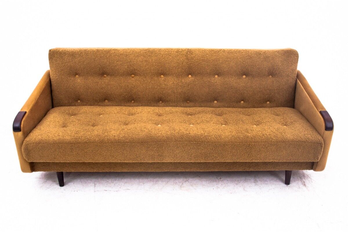 Midcentury modern yellow fabric bouclé sofa, Denmark, 1960s. After restoration.