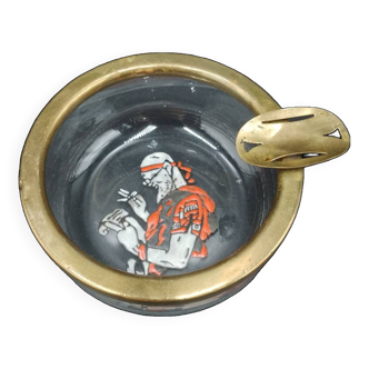 Chinese Asian calligraph glass and enameled brass ashtray