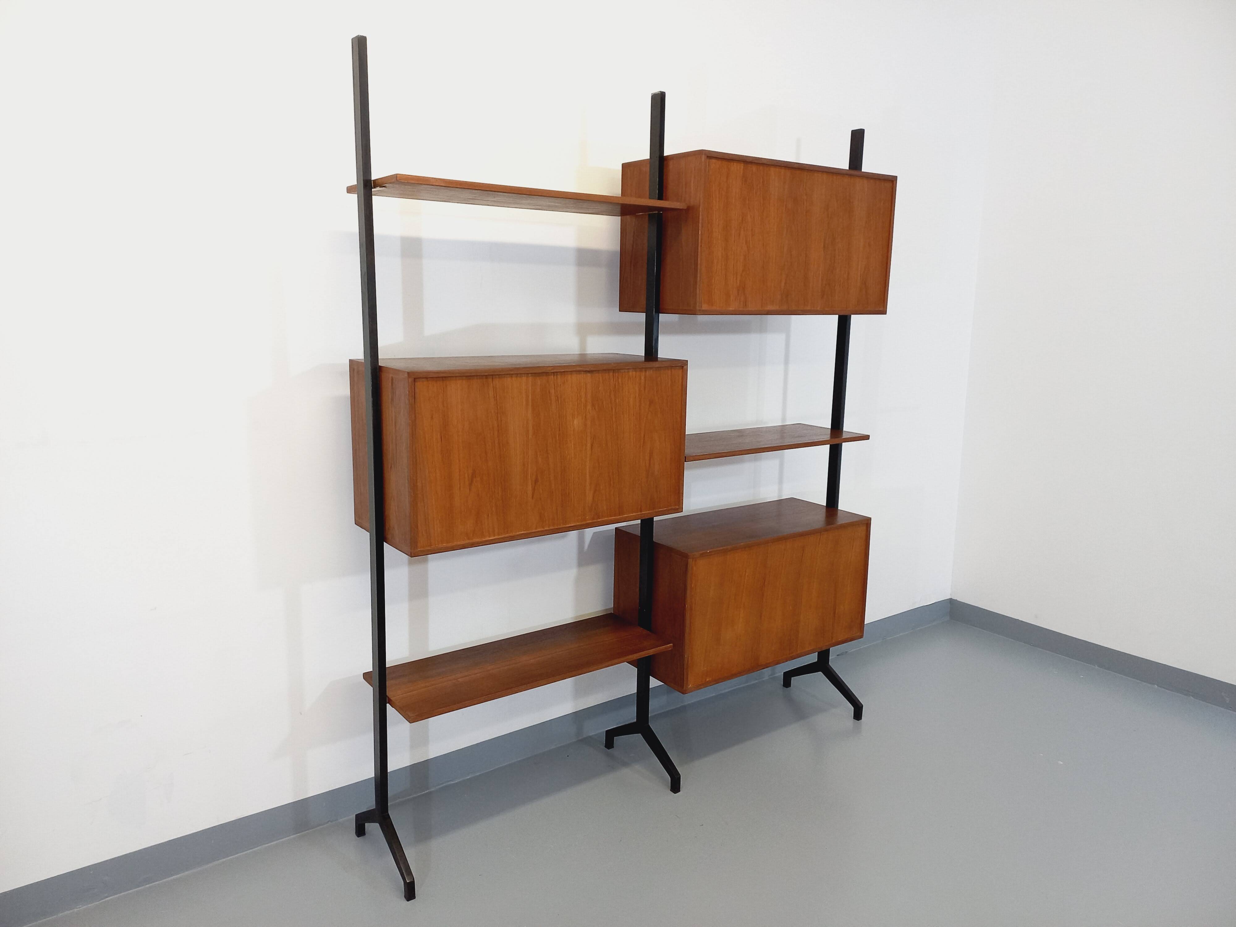 Italian bookcase vintage modular double shelf in teak and metal from the 60s