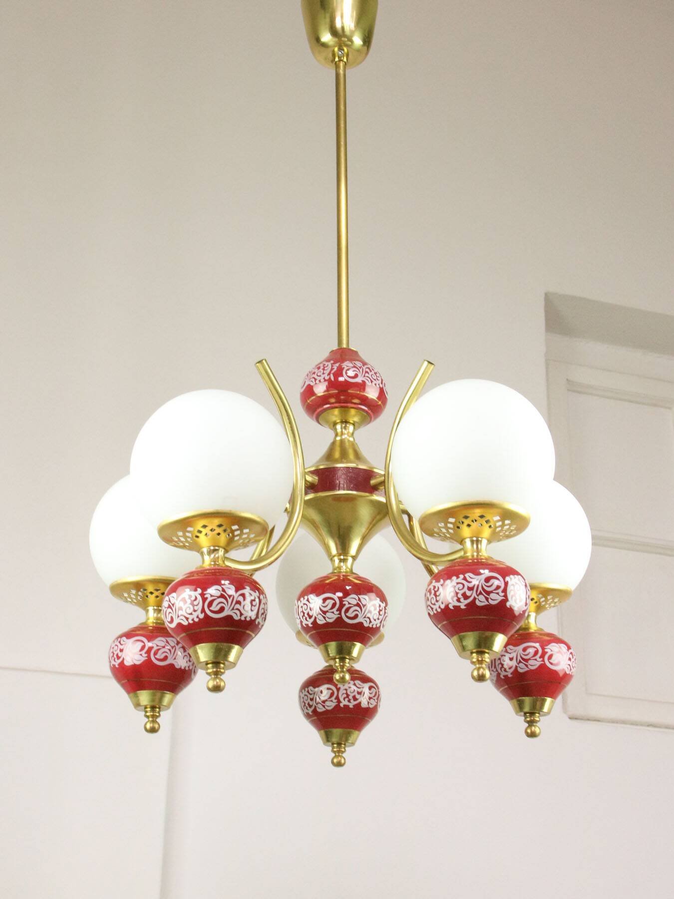 Mid-Century Italian Brass, Opaline & Ceramic Chandelier
