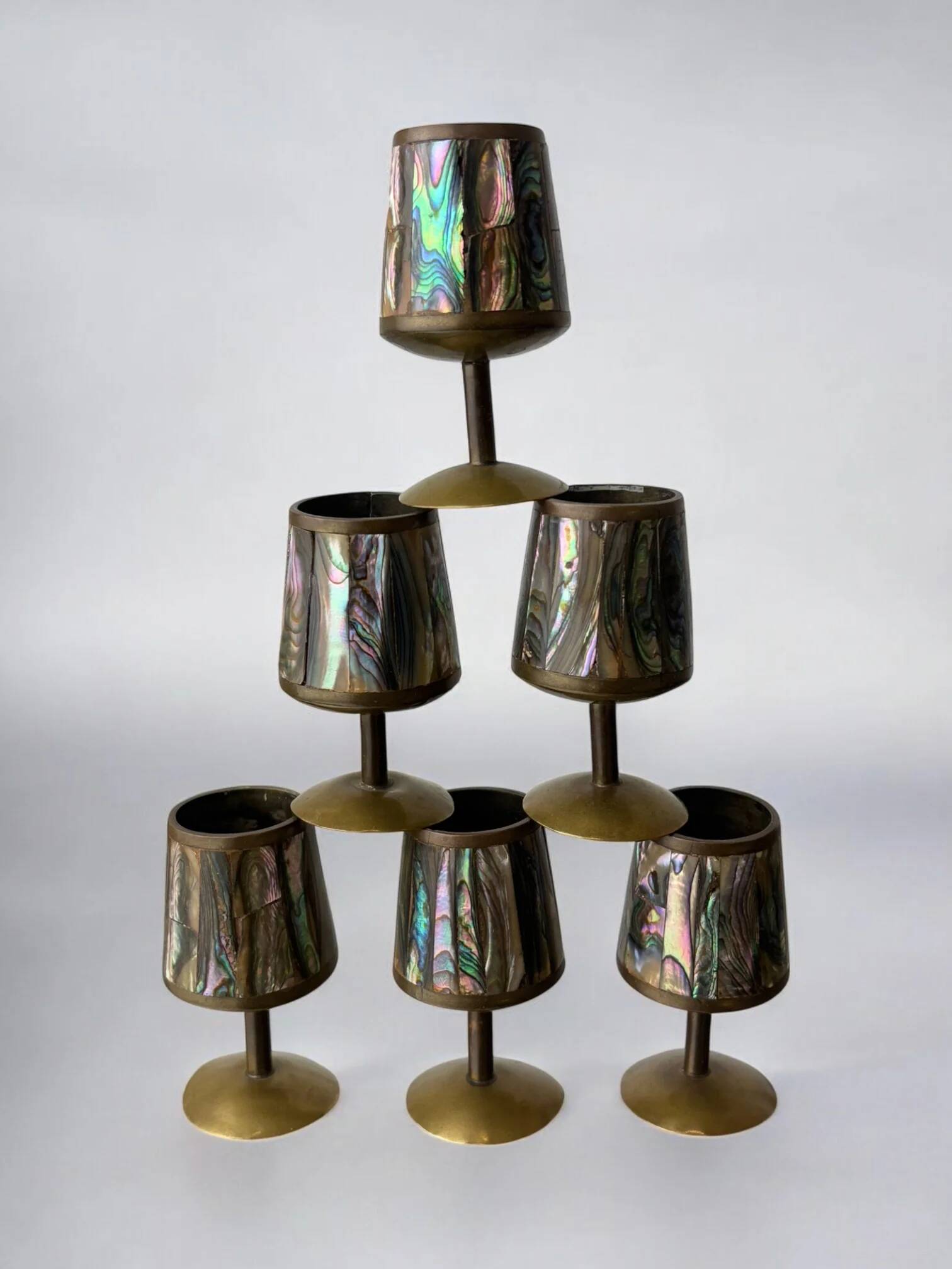 Abalone shell & brass shot glasses, set of 6, Mexico, 1970s