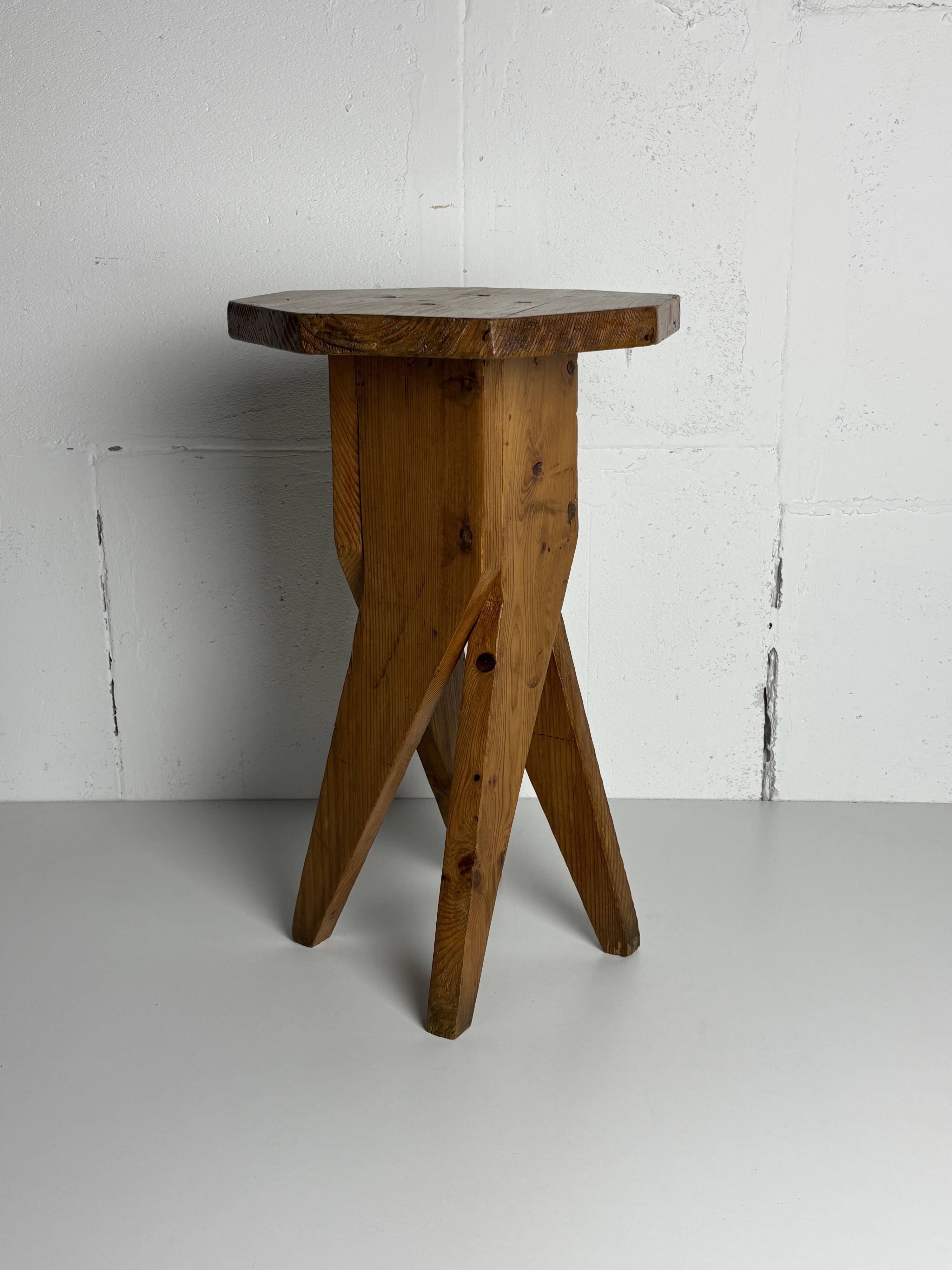 Midcentury brutalist artisanal rustic handcrafted stool, France 1960s