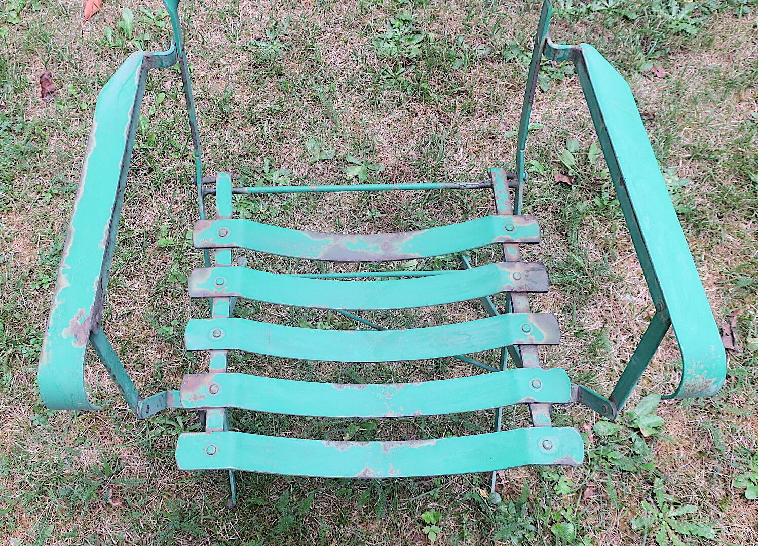 Pair of mid century distressed painted iron garden chairs