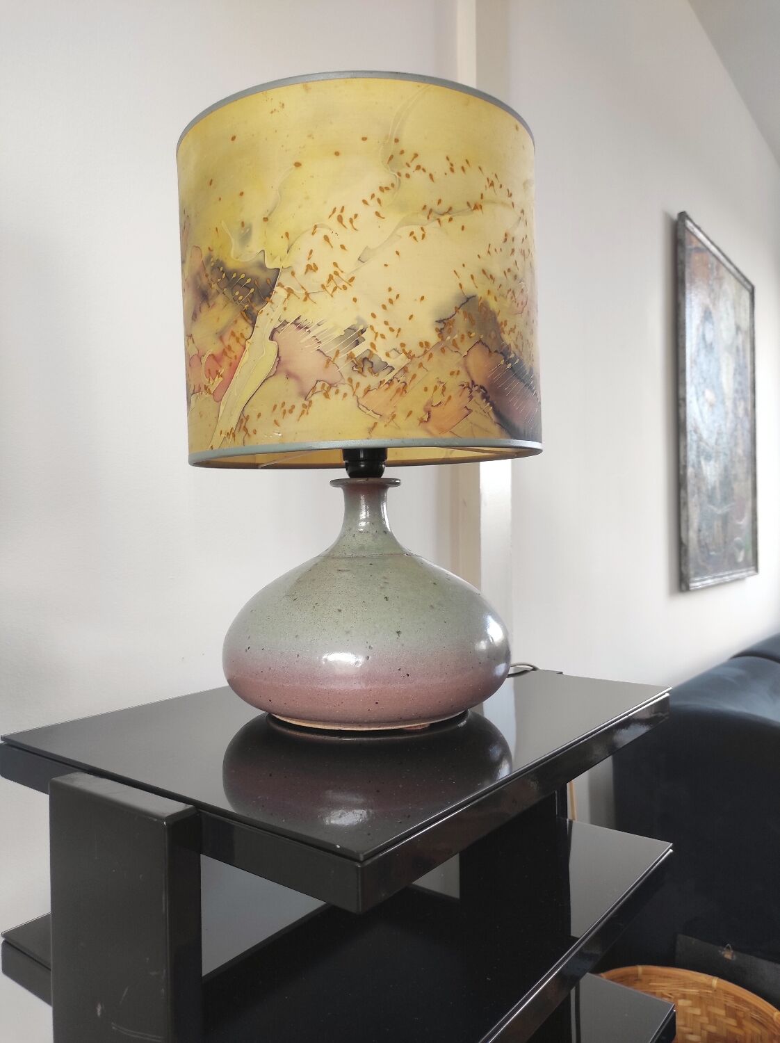 Vintage ceramic lamp signed & hand-painted silk shade 70s