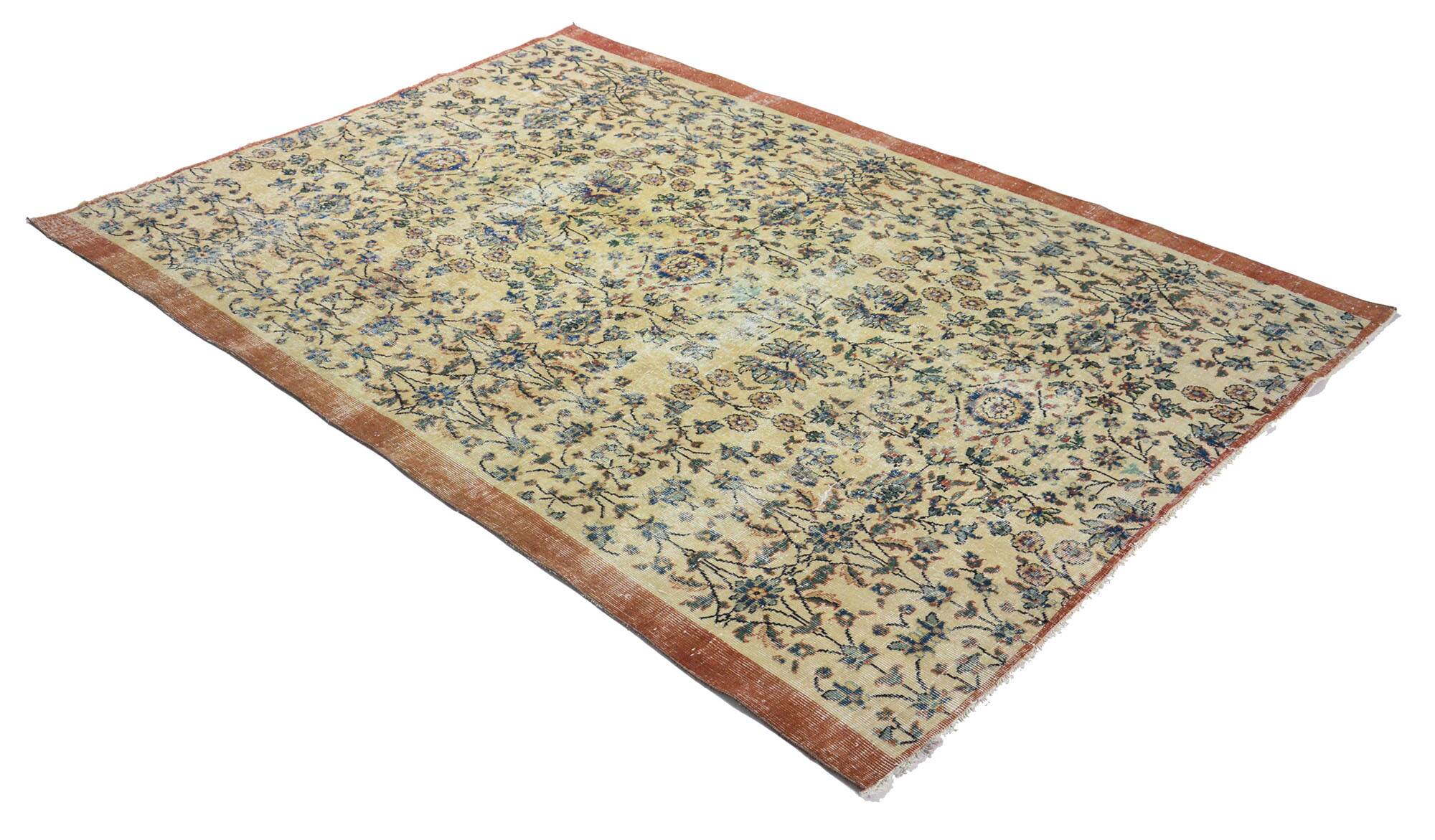 Tapis Oushak Ancien – Ton Ivoire & Motifs Floraux, 198 x 274 cm