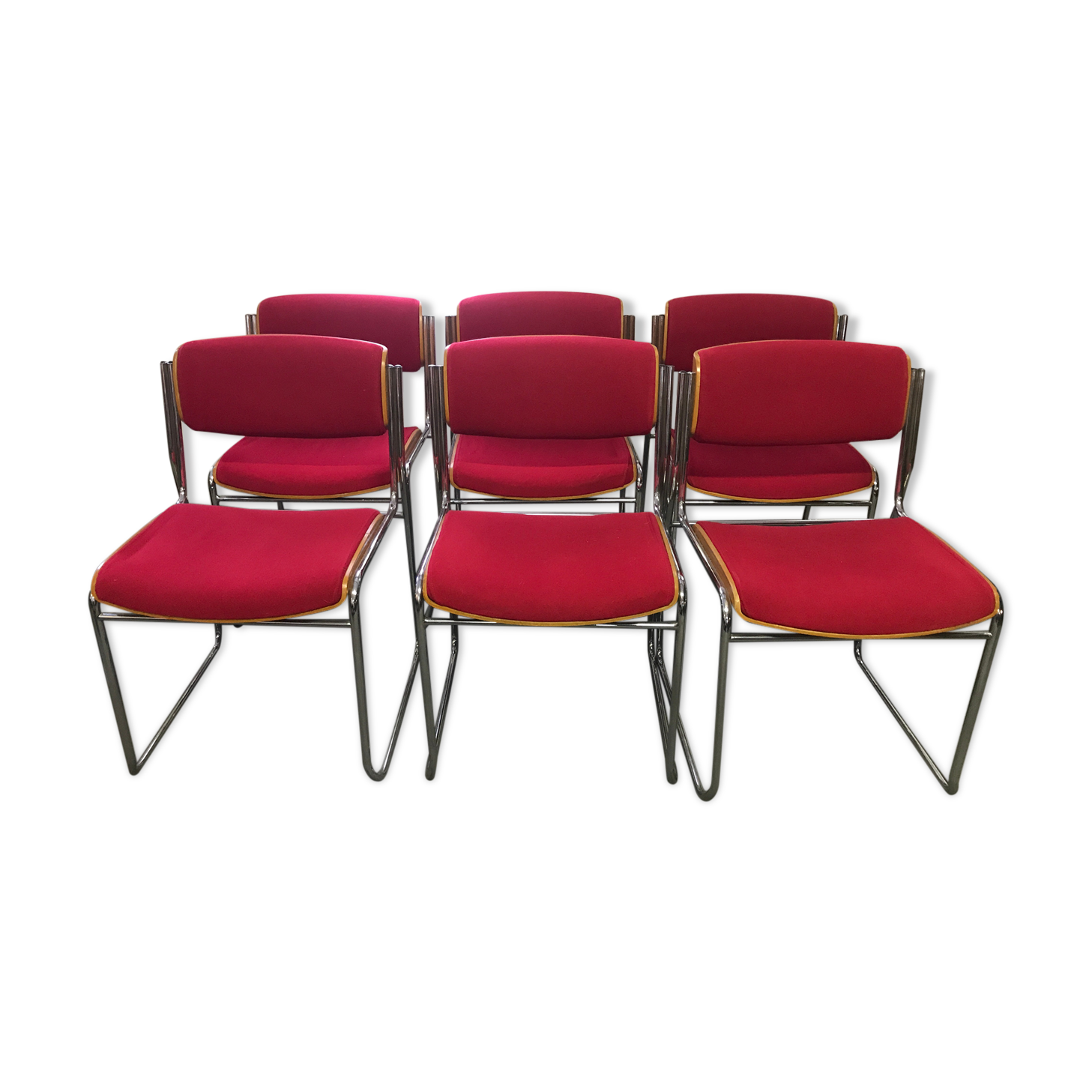 6 chrome chairs wood and red wool