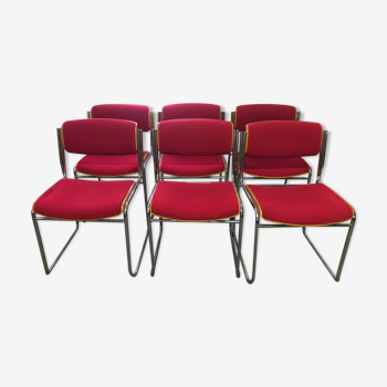 Set de 6 chaises chrome bois et laine rouge