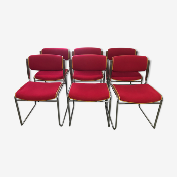6 chrome chairs wood and red wool