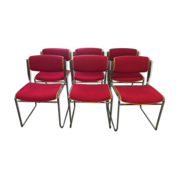 6 chrome chairs wood and red wool