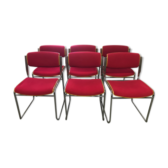 6 chrome chairs wood and red wool