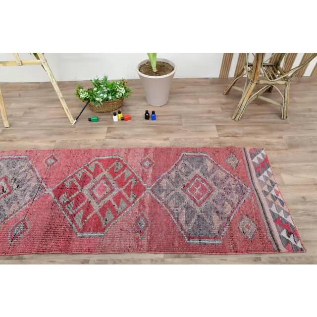 1970s Turkish Oushak Handmade Wool Cotton Pink Area Rug 86x276