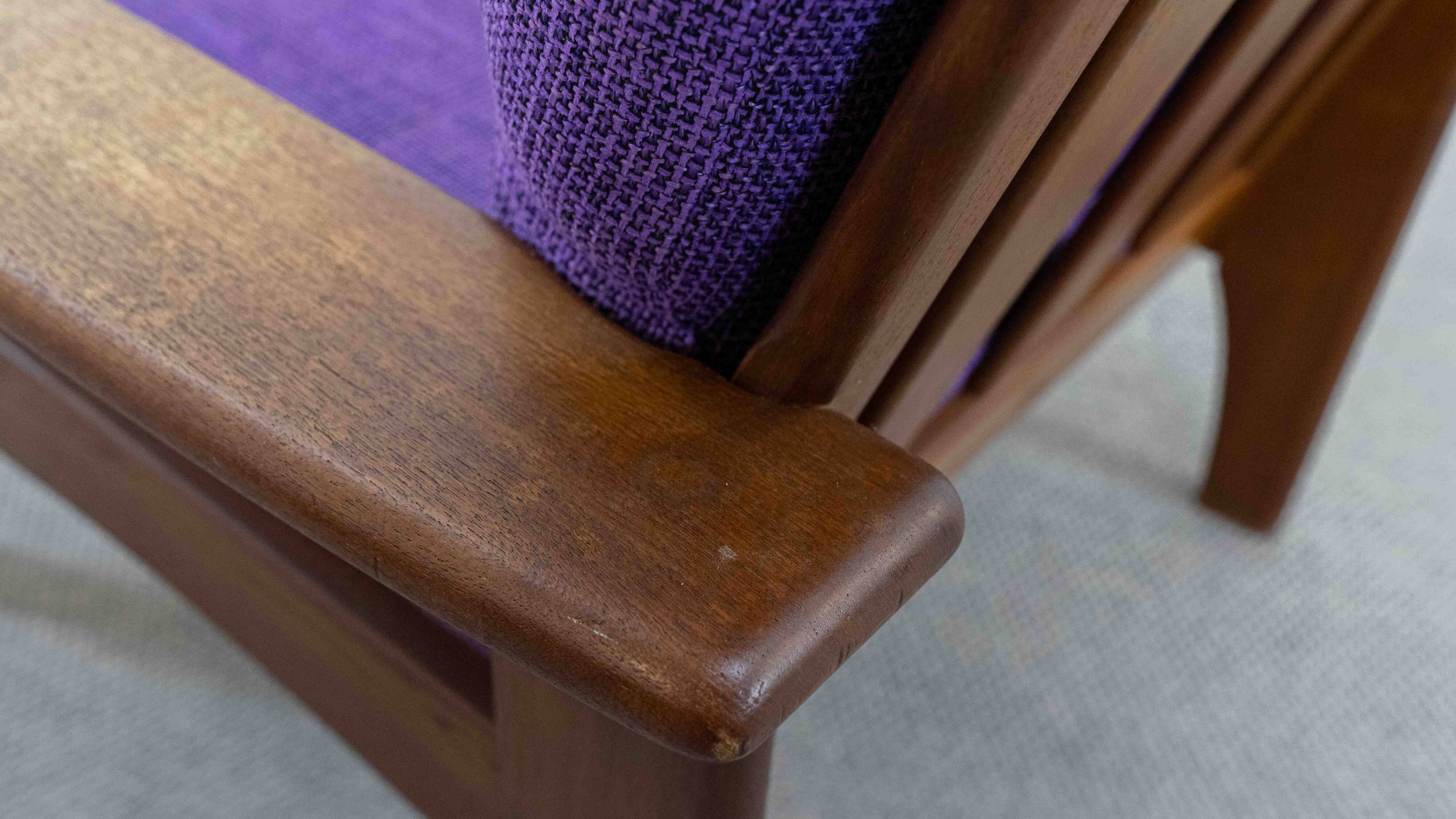 Set of 2 scandinavian easy chairs in teak with purple upholstery