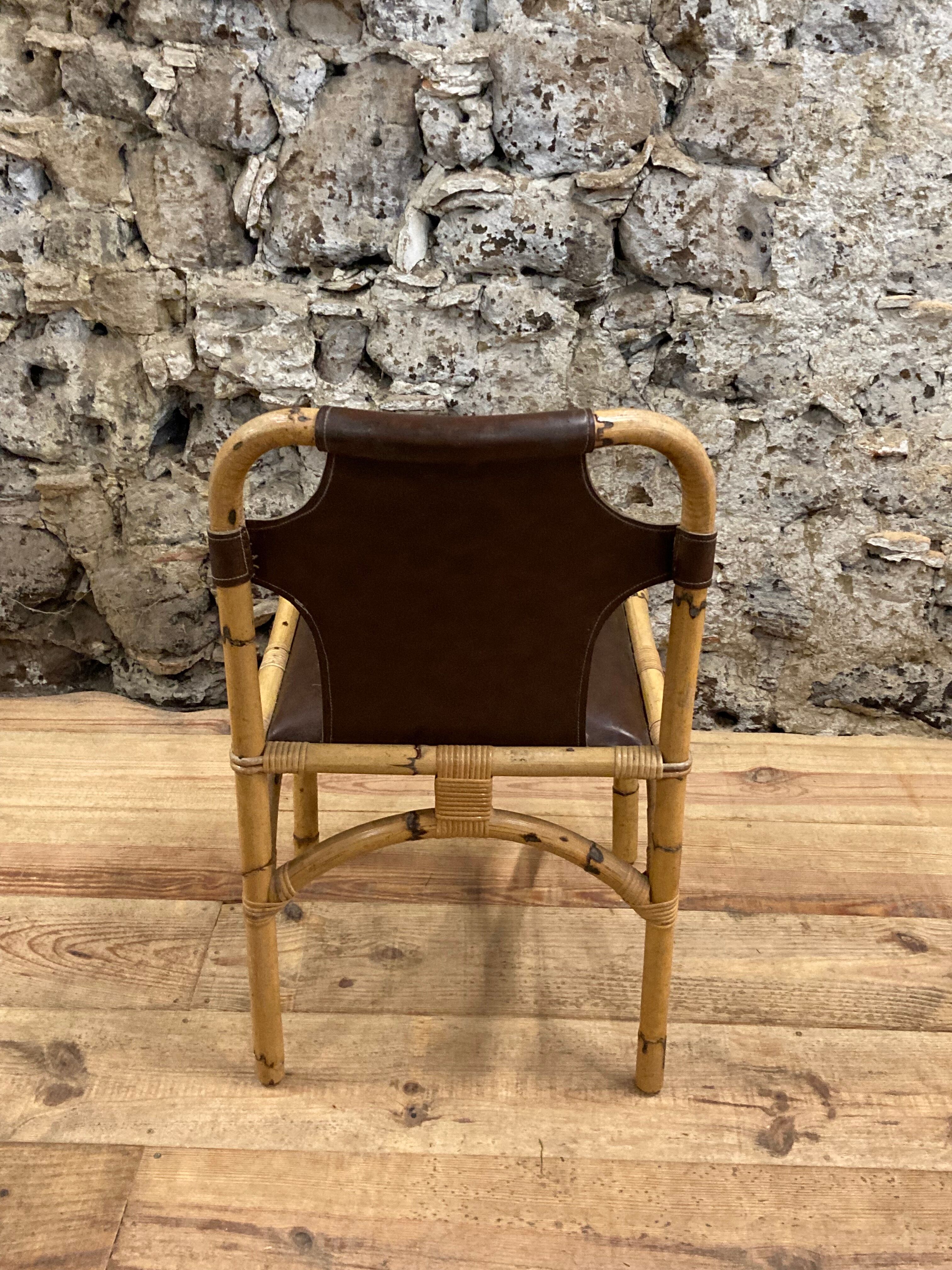 Vintage chair in rattan and bamboo and brown leather