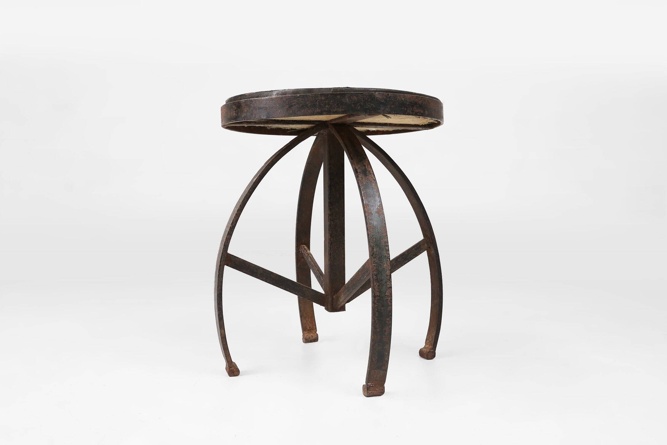 Industrial Black Metal Stool with Frame, France 1920s