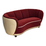 1960s, Danish curved 2-seater sofa, red/beige furniture wool fabric.