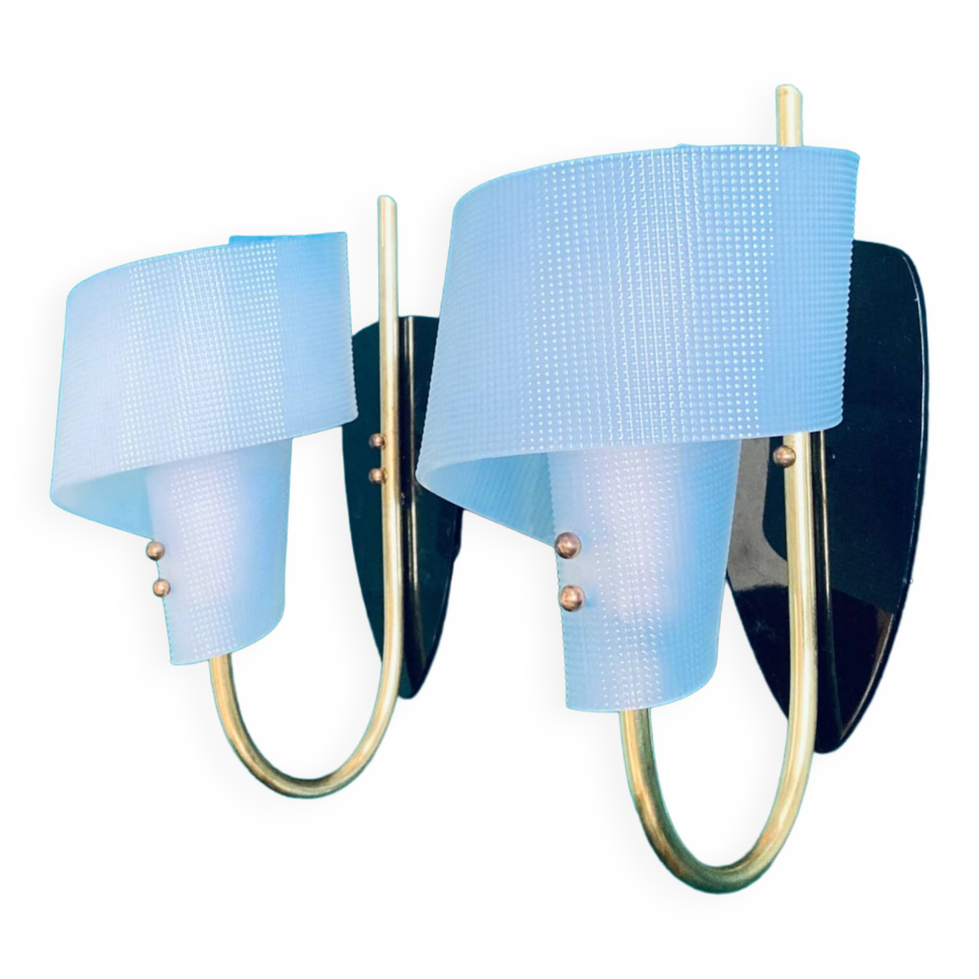 Pair of minimalist vintage seventies blue plastic and plexiglass wall lights