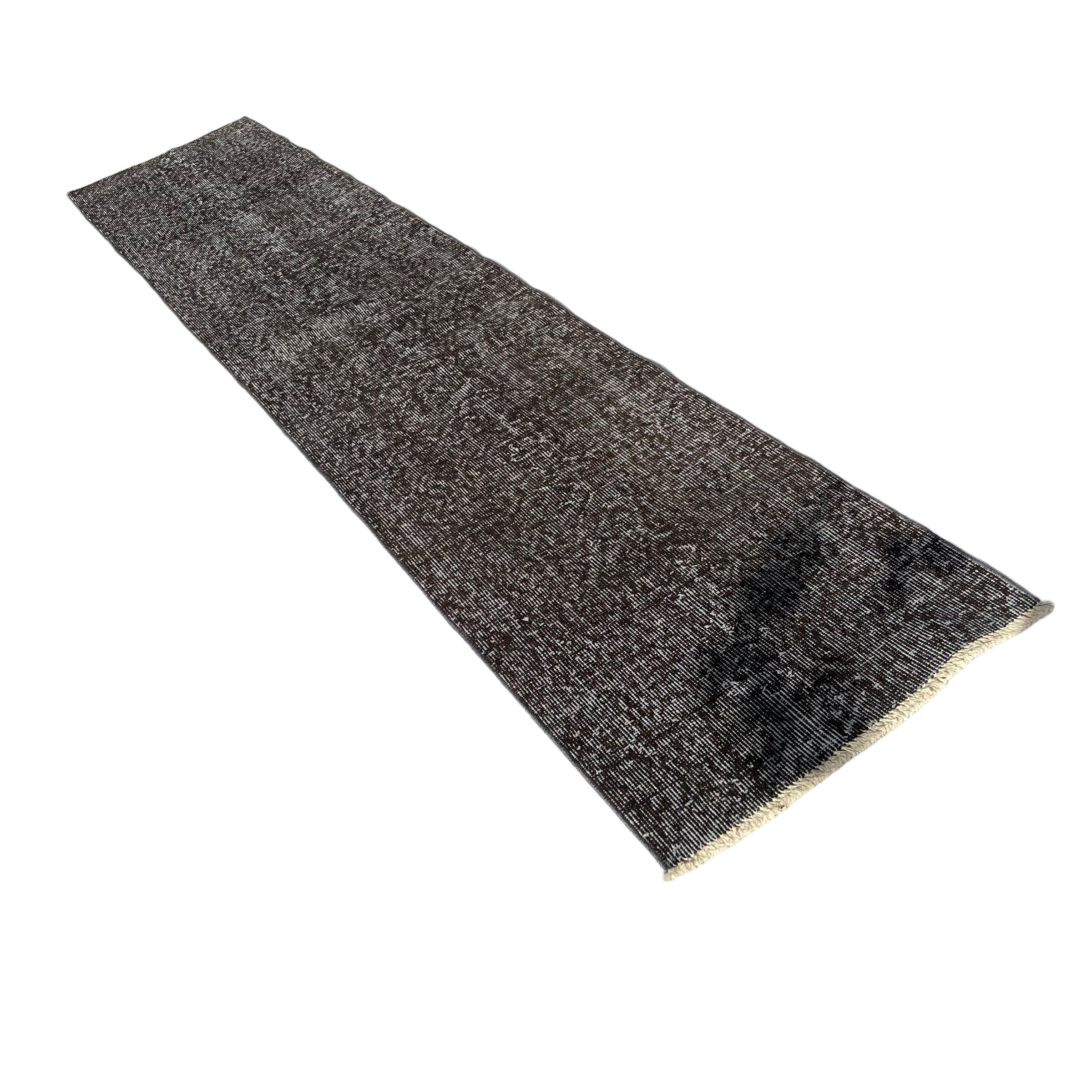 Distressed turkish narrow runner 290 x 60 cm wool vintage rug, overdyed black