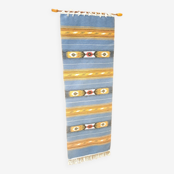 Blue long tapestry with wooden stick vintage tapestry
