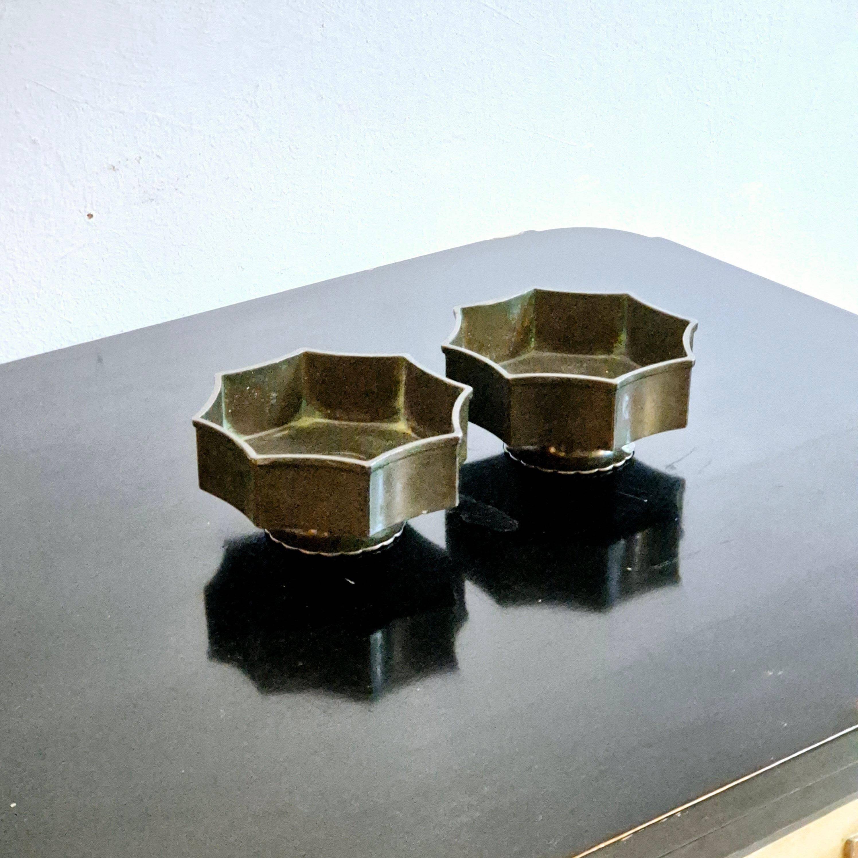 Pair of bowls/candle holders Just Andersen in metal Disko, Danish Grace