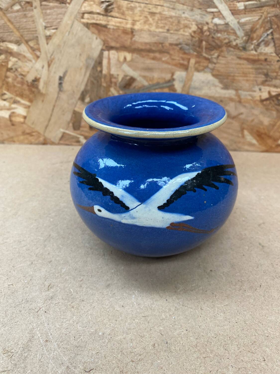 Old ball vase prod art ceramic blue decor storks alsace vintage