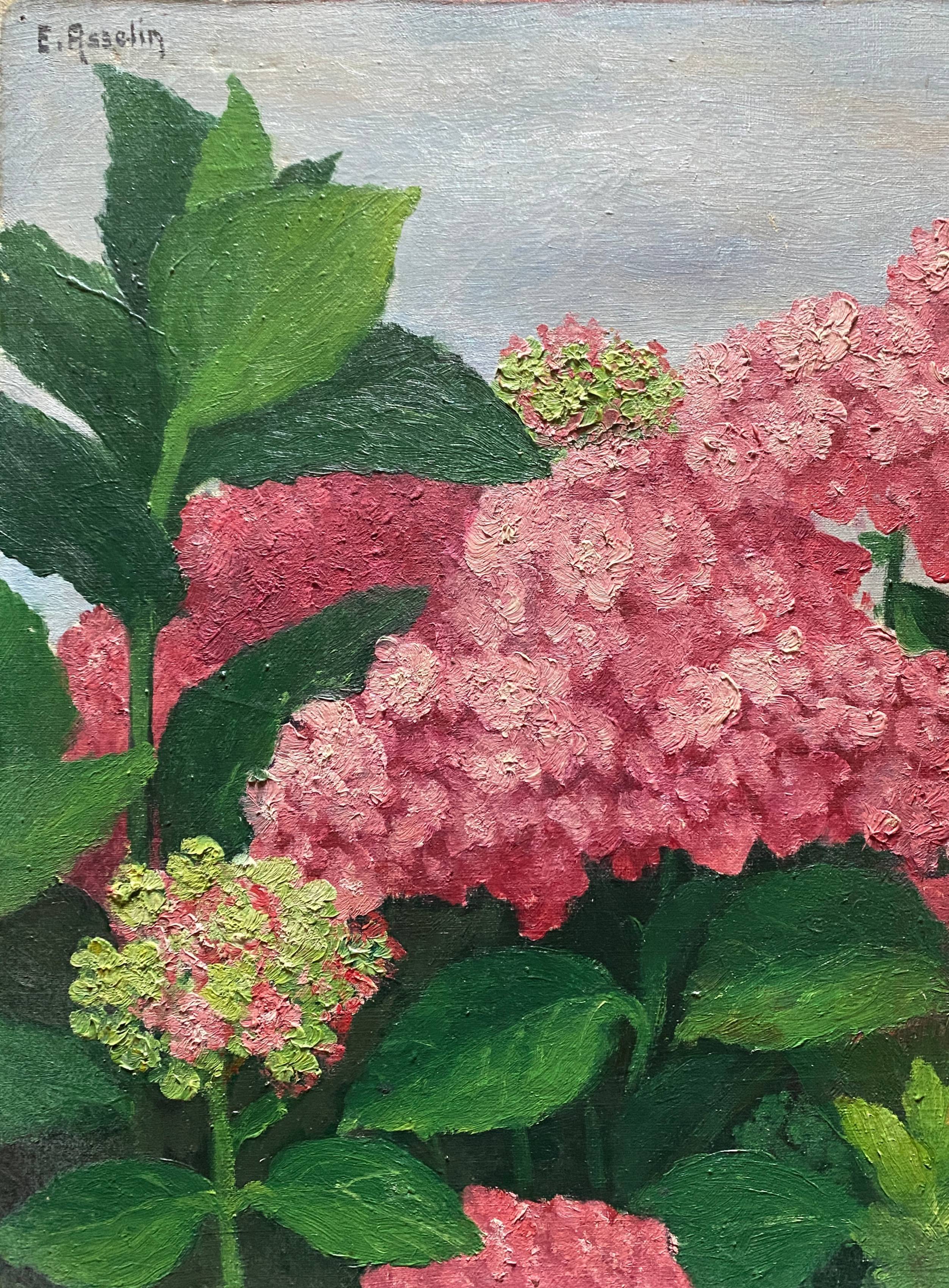 HST painting "Hydrangea Grove" signed E. Asselin mid-20th century