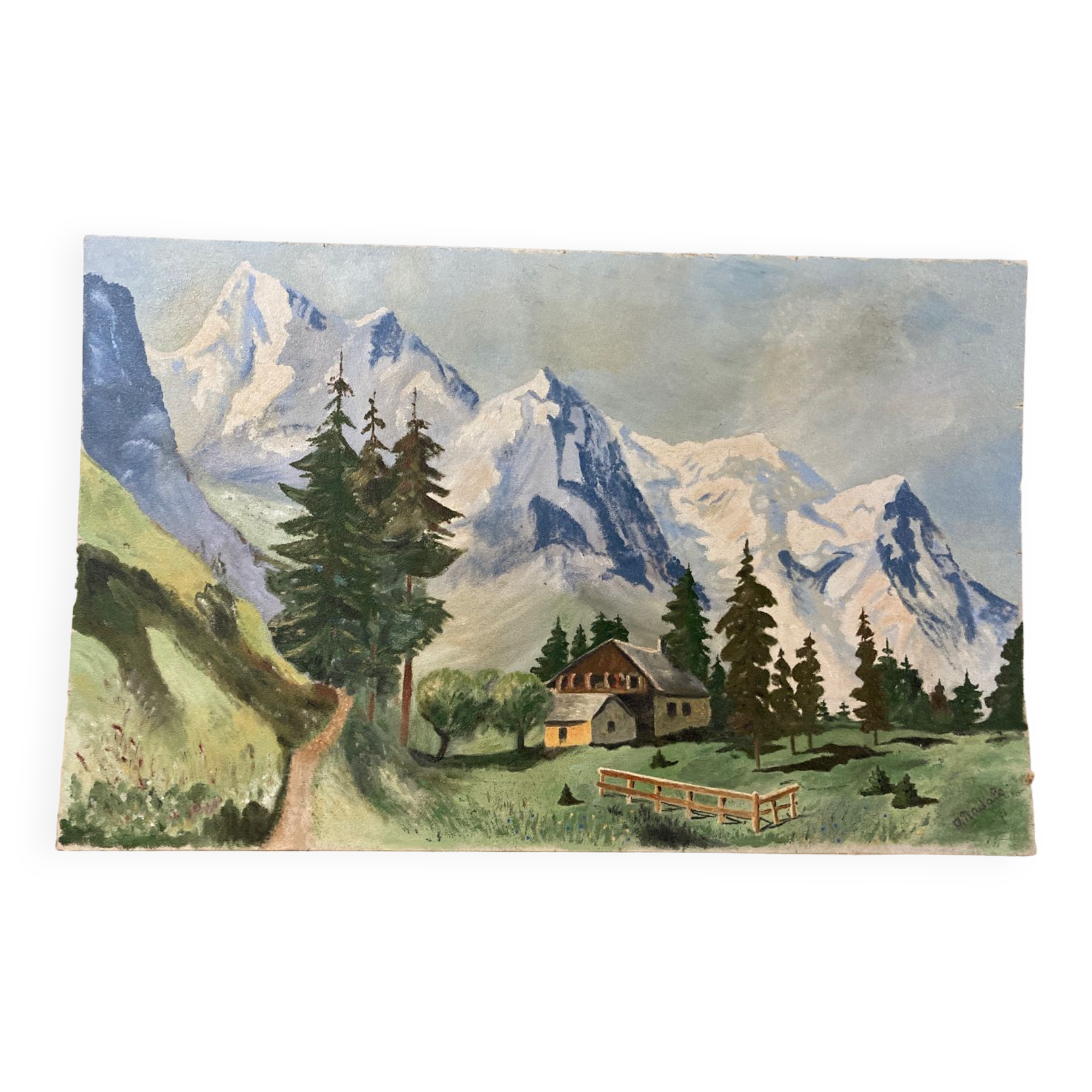 Large chalet mountain landscape oil on panel / old painting