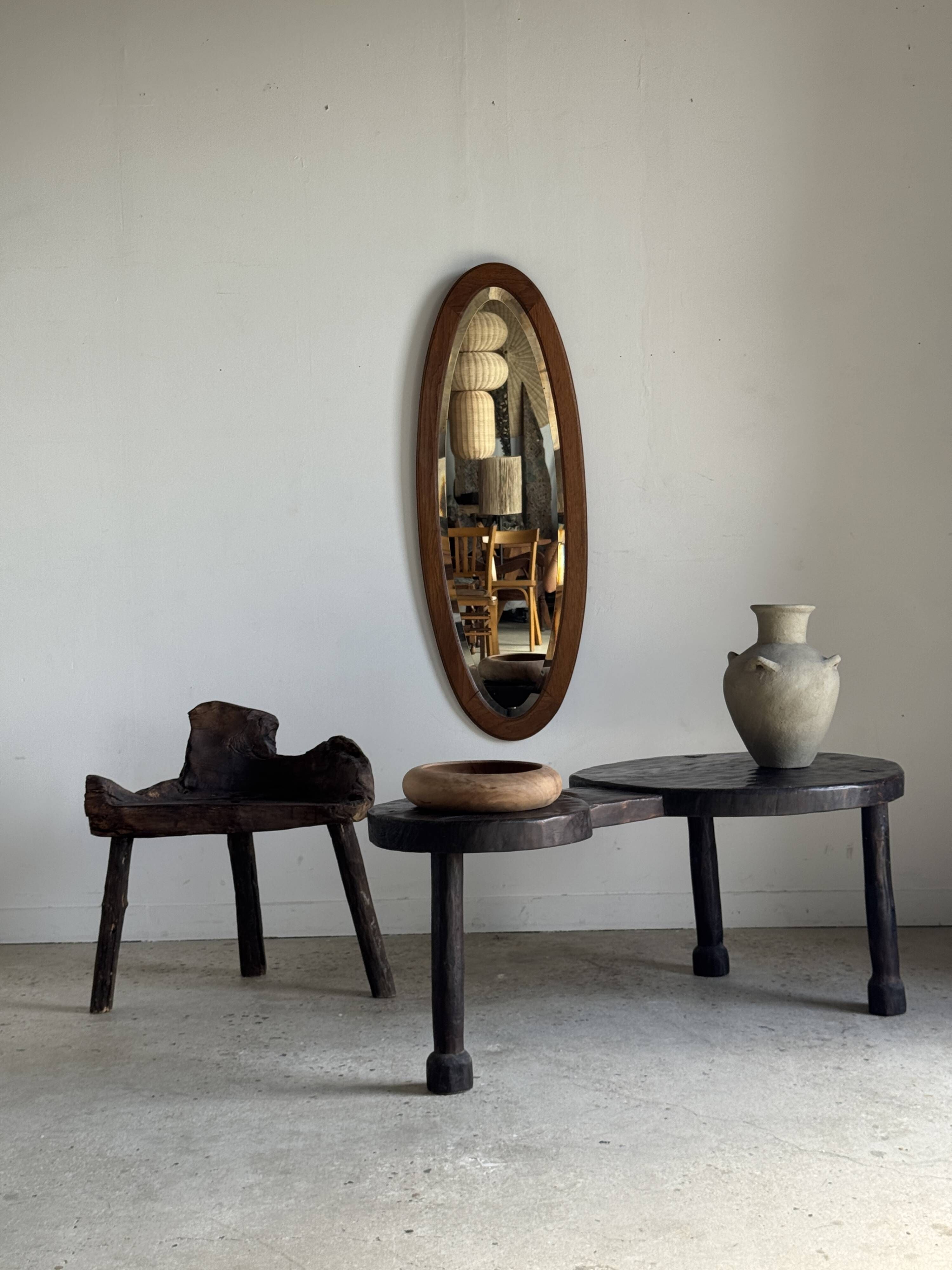 Vintage oval mirror in oak with bevelled glass H120 W43 D2