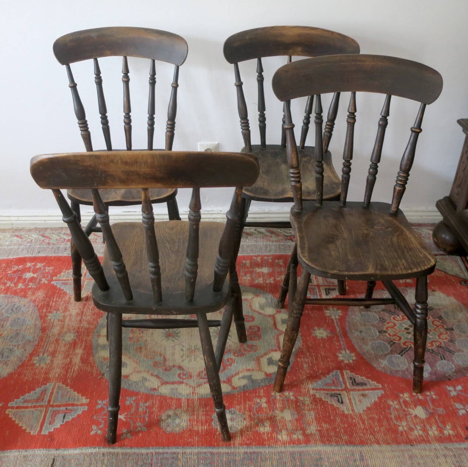 Antique set of 4 farmhouse patinated oak dining chairs, 19th century