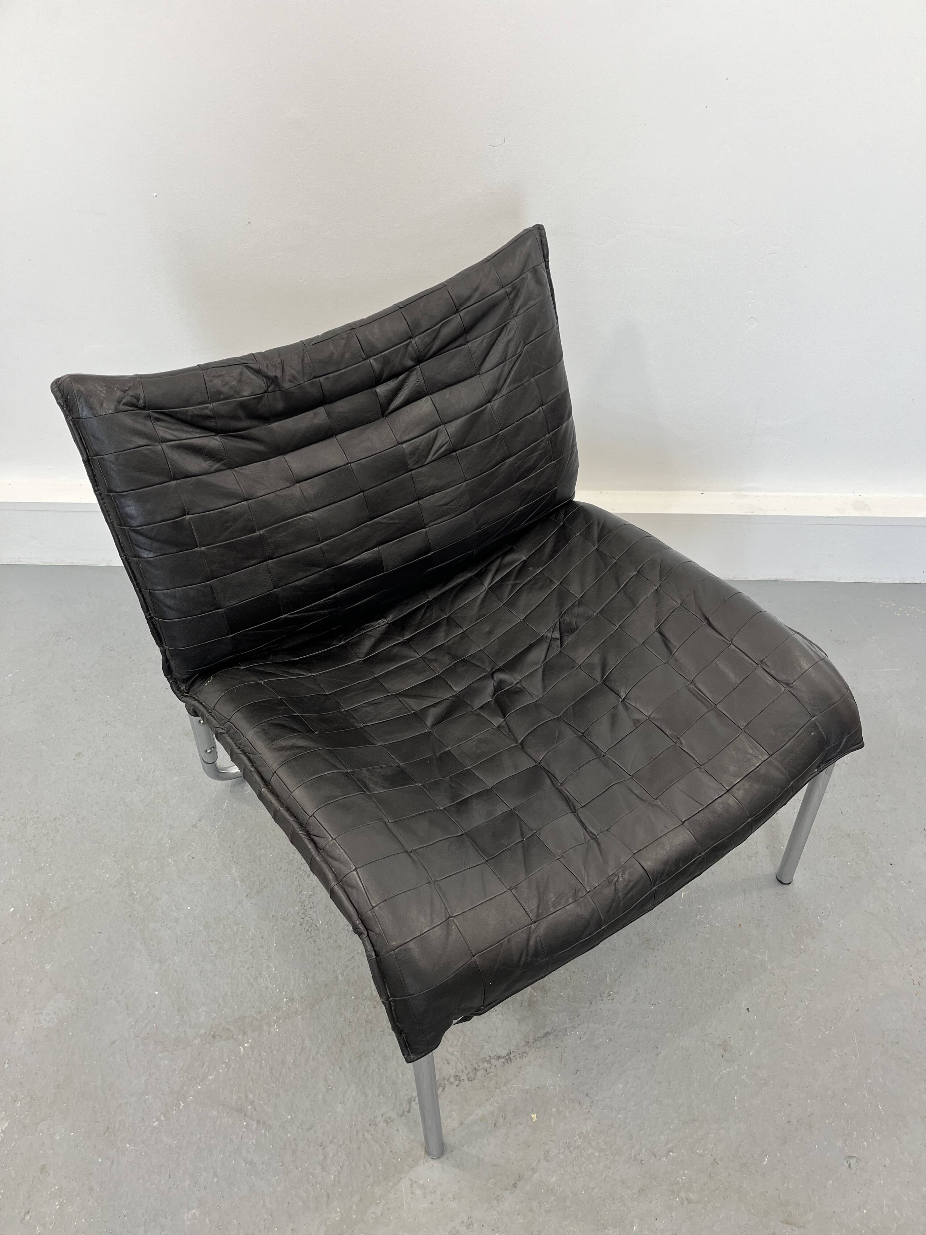 Vintage Mid-Century Scandinavian Modern Black Patchwork Leather Lounge Chair SET From IKEA, 1980s