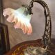 old art nouveau bronze lamp 30x25 with opalescent tulip red interior very rare