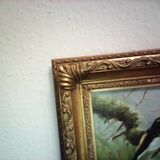 birds, painting on wood, patinated gilded frame