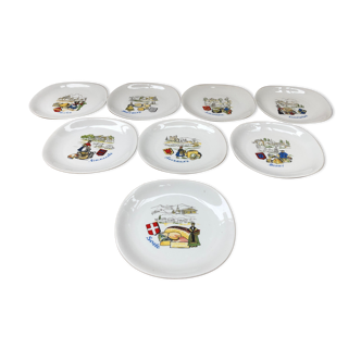 Série 8 anciennes assiettes berry haute porcelaine décor régions vintage