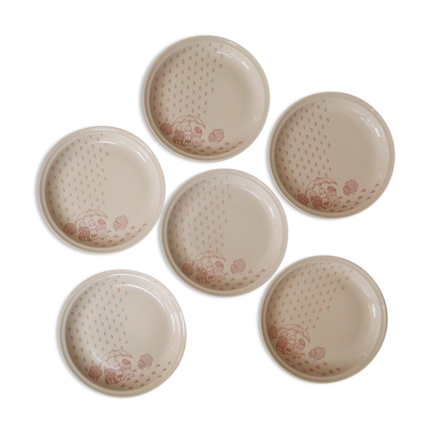 Set of 6 Sarreguemines plates, naïve décor, children in the rain
