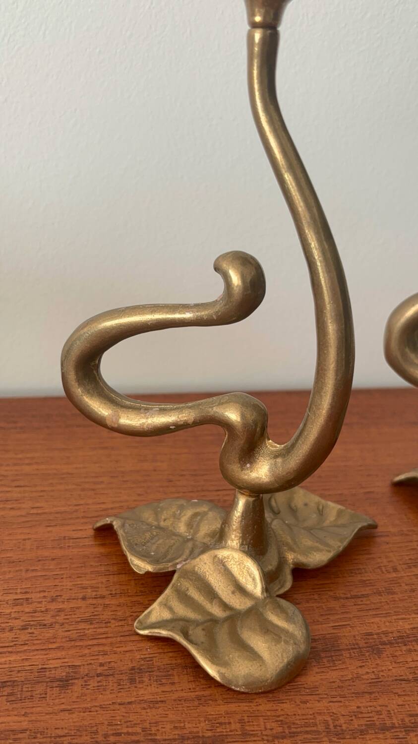 Set of 2 vintage candle holders bronze alloy – Metal flower candle holders gold