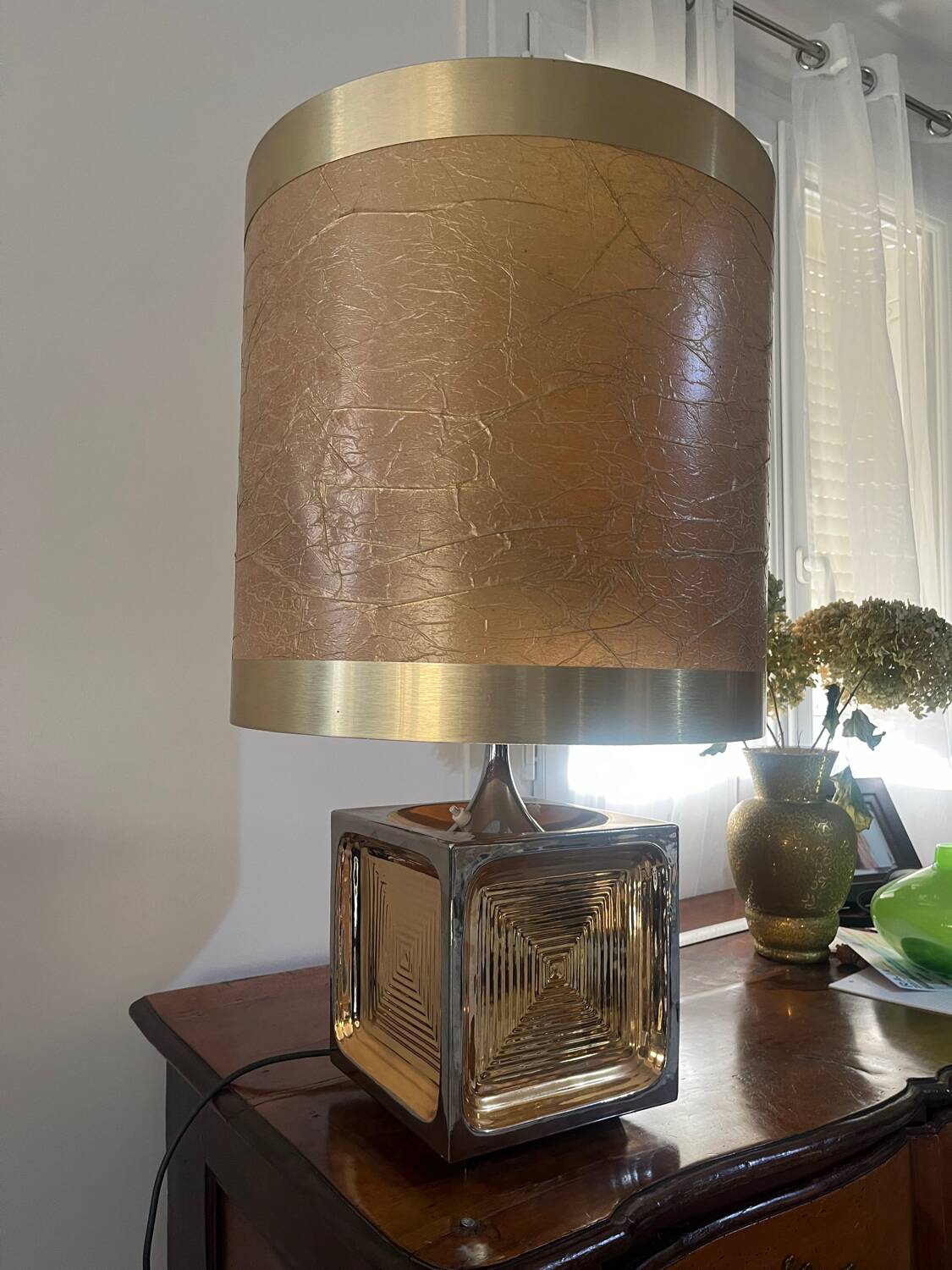 Lampe dorée ceramique des années 70