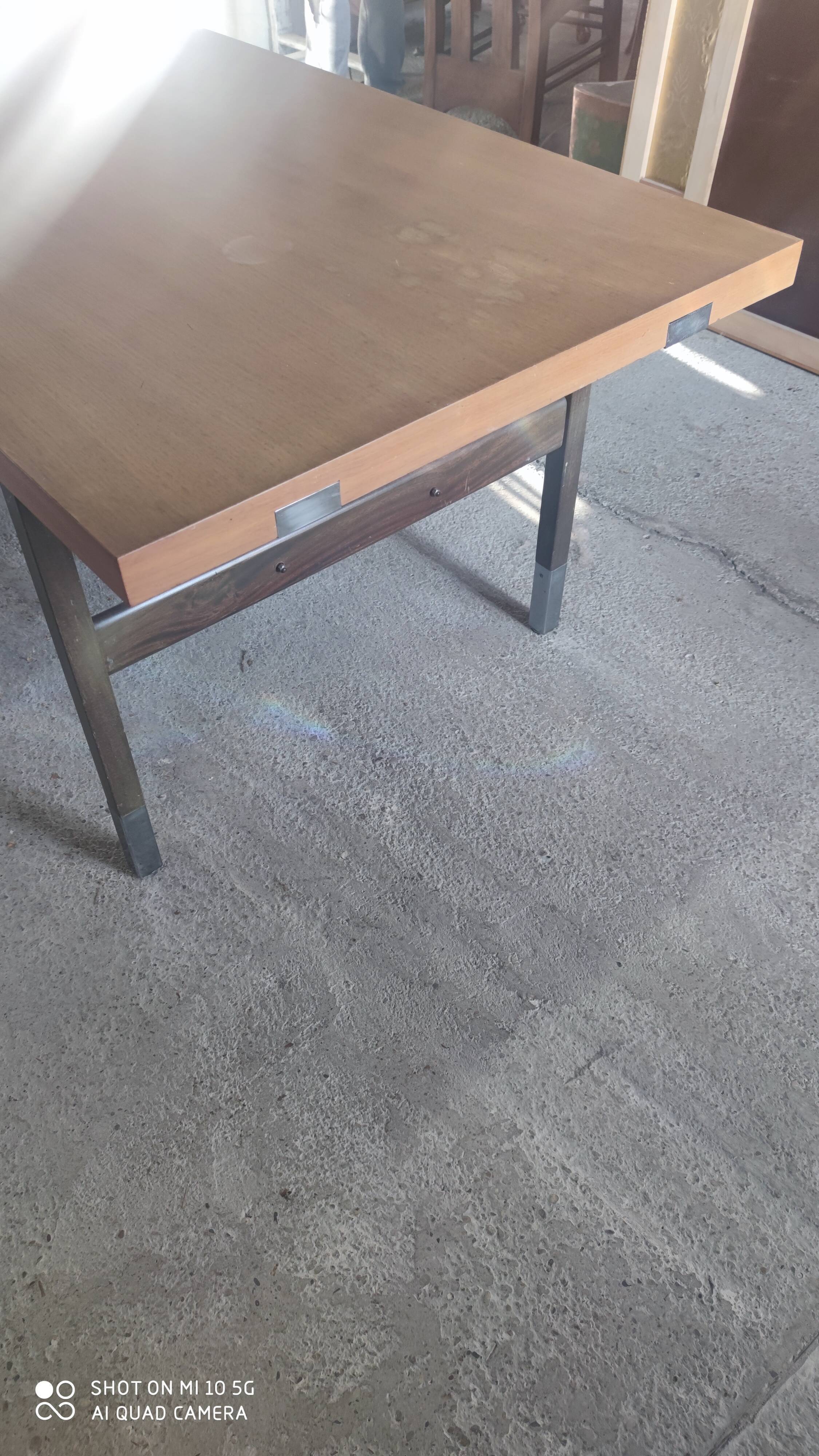 Extendable dining table in walnut, mahogany and chrome, circa 1960