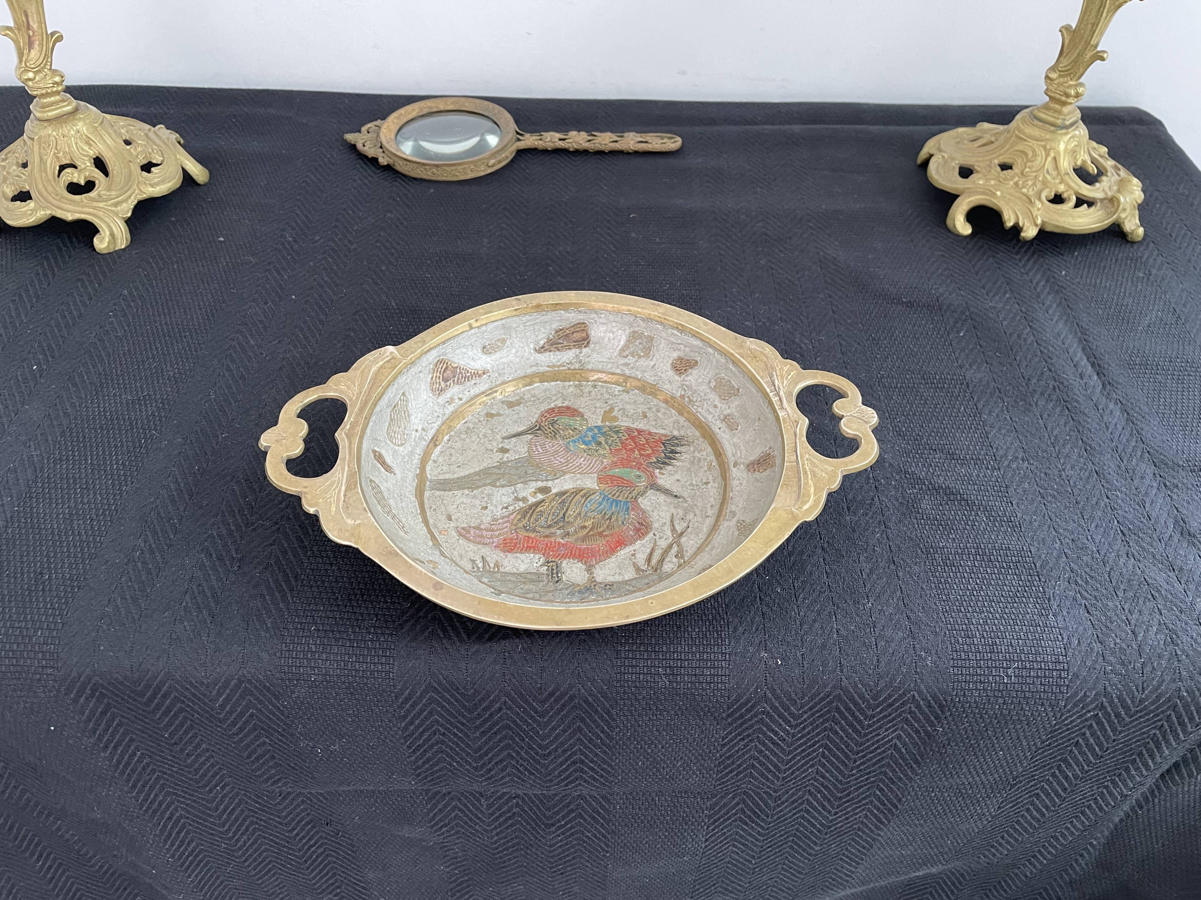 Antique chiseled brass cup - empty pocket - gold - gold color - painted birds - France