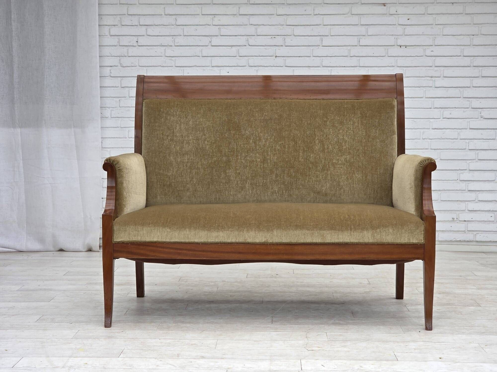 1950s, 2 seater Danish highback sofa, furniture velour, laqered teak wood.