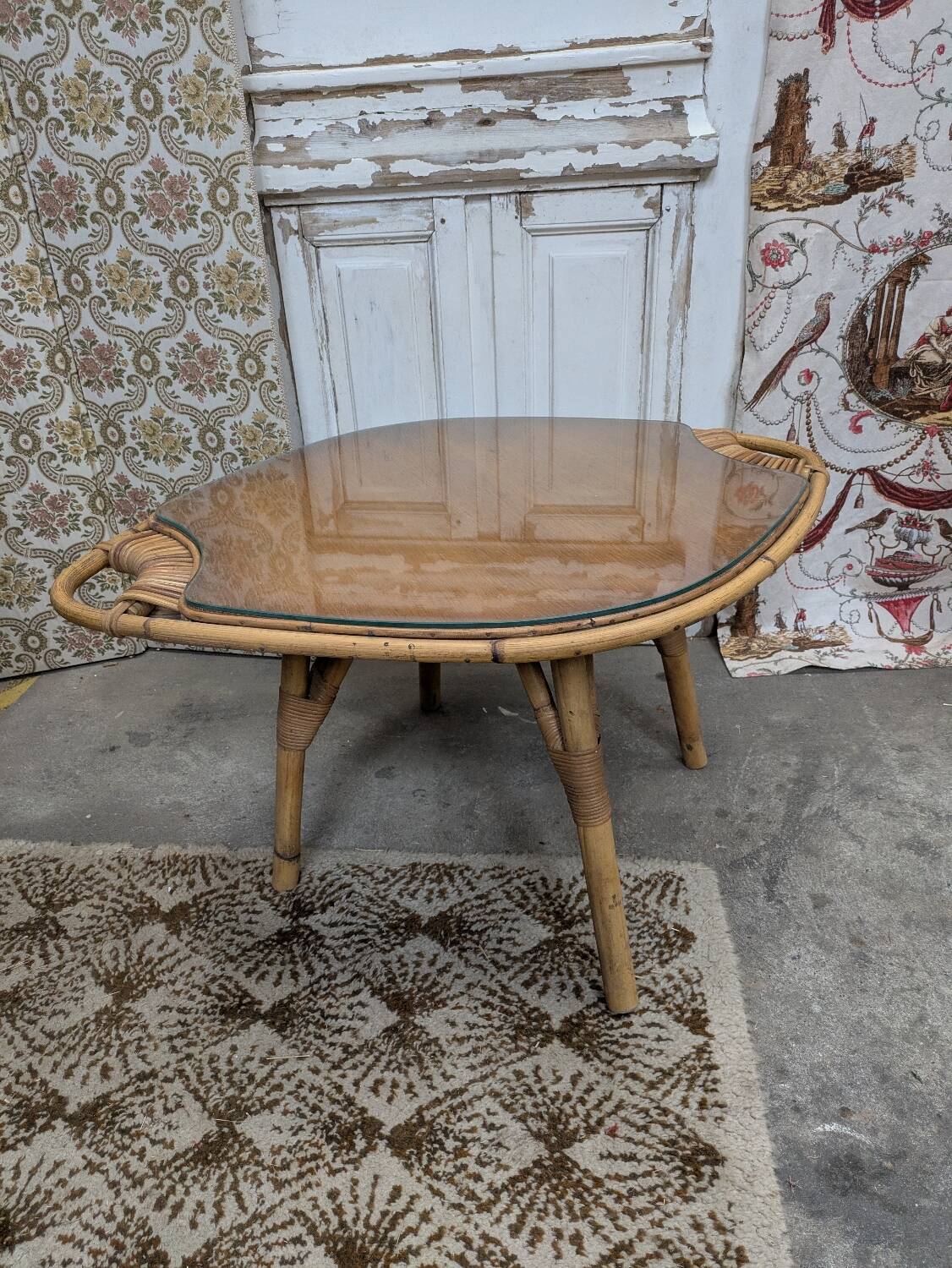 Rattan and glass coffee table