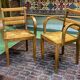 Pair of beech and straw armchairs