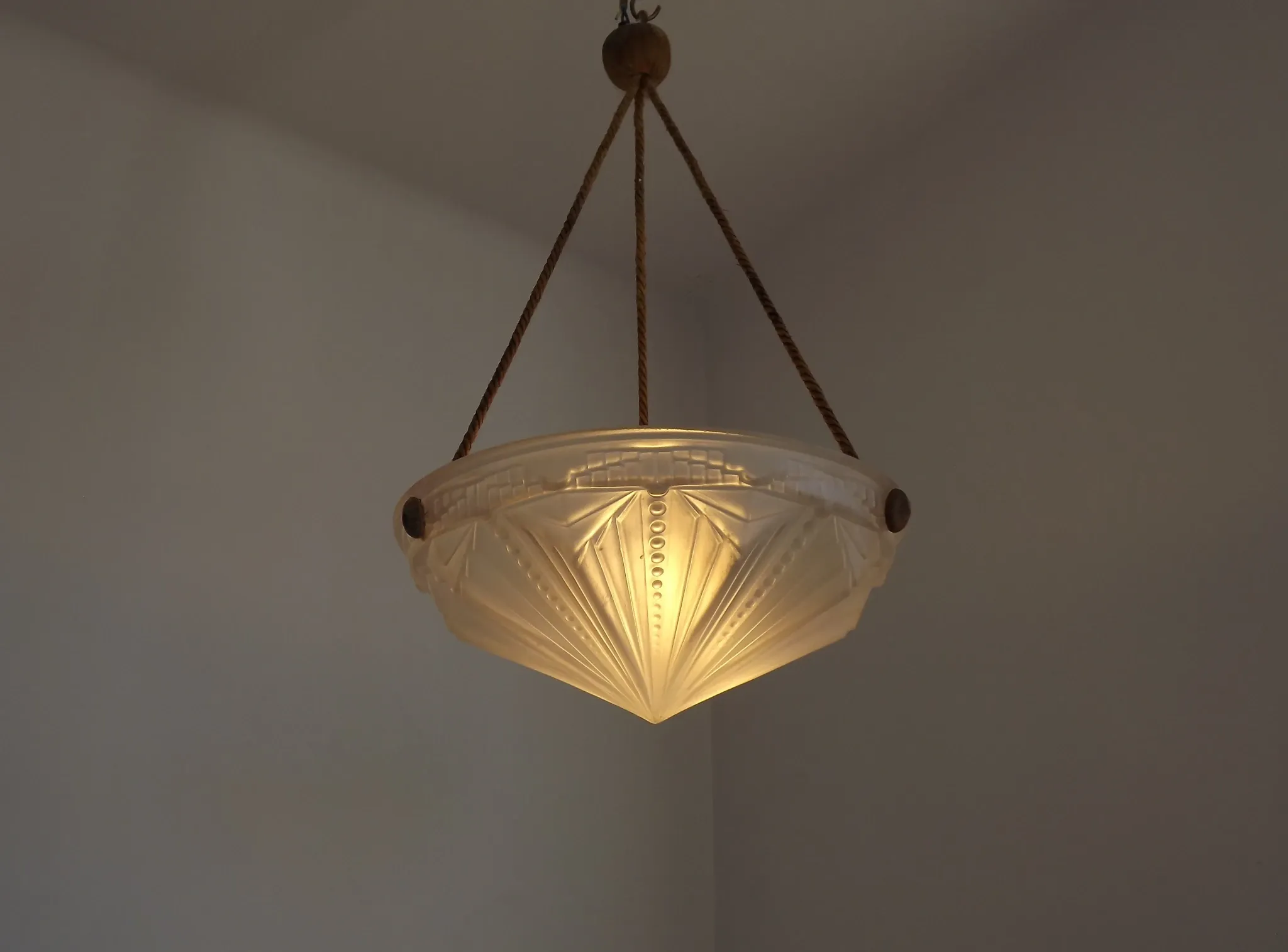 French Vintage Art Deco White Glass Abstract Platformier Ceiling LIght