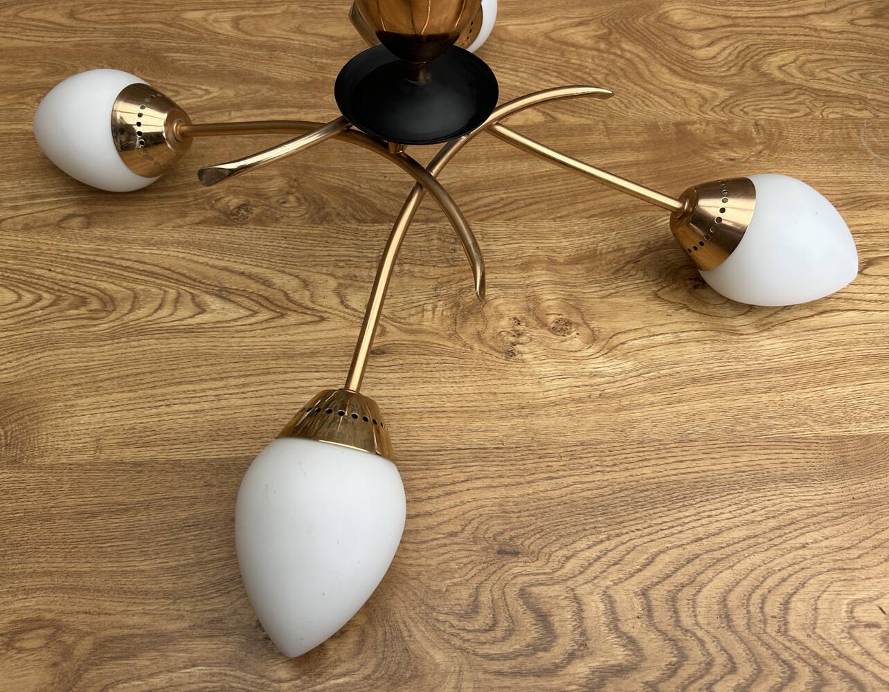 Four-light pendant lamp, brass and opaline glass, Maison Arlus, Paris, vintage 1970s