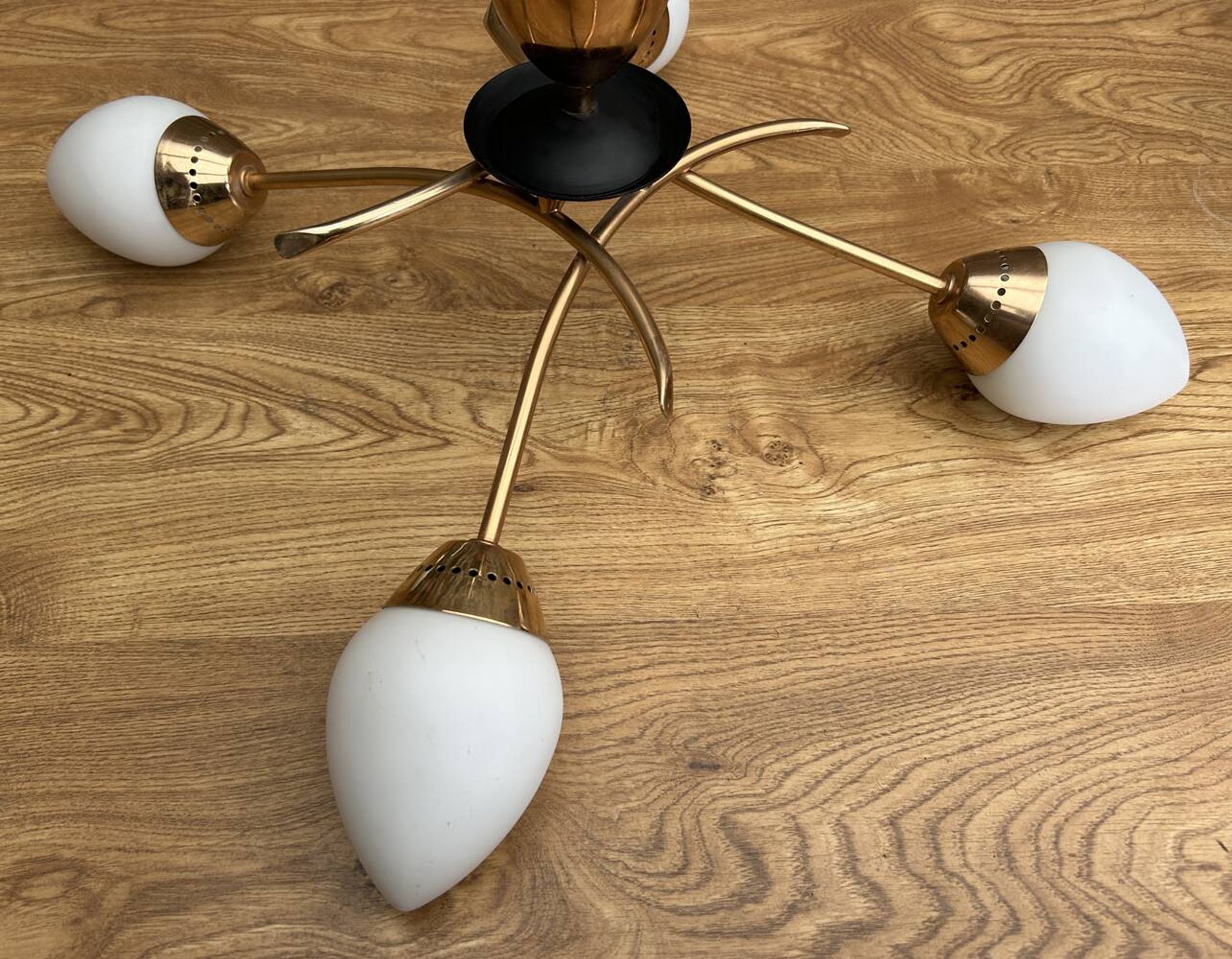 Four-light pendant lamp, brass and opaline glass, Maison Arlus, Paris, vintage 1970s