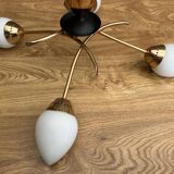 Four-light pendant lamp, brass and opaline glass, Maison Arlus, Paris, vintage 1970s