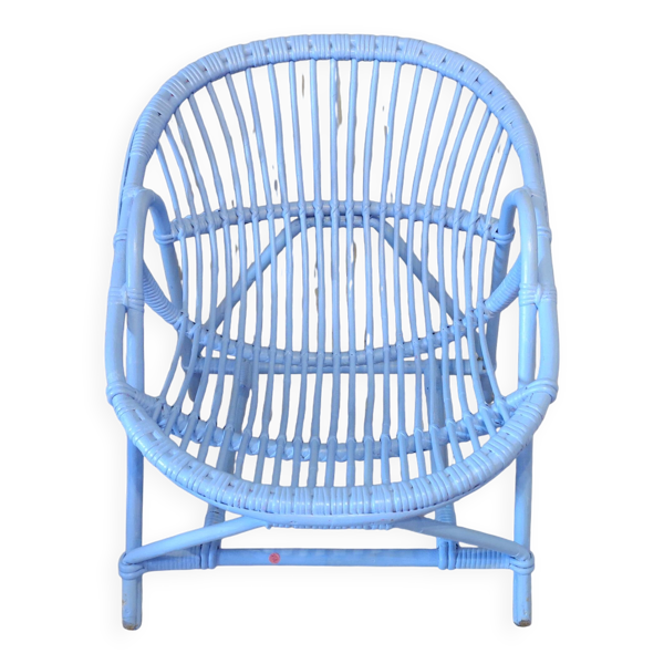 Fauteuil rotin peinture bleue